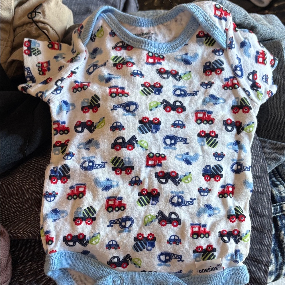Gerber White Onesie with Blue Trim and Vehicle Print 0-3 months